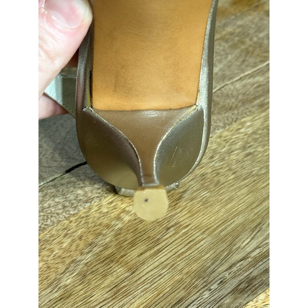 Stuart Weitzman Metallic Gold Peep Toe Heels with Rhinestone Buckle - Size 6.5 - Picture 13 of 16